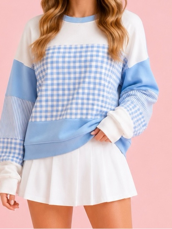 Altar'd State Tops - NEW Altar’d State AS Revival Blue and White Gingham Striped Pullover Size Medium